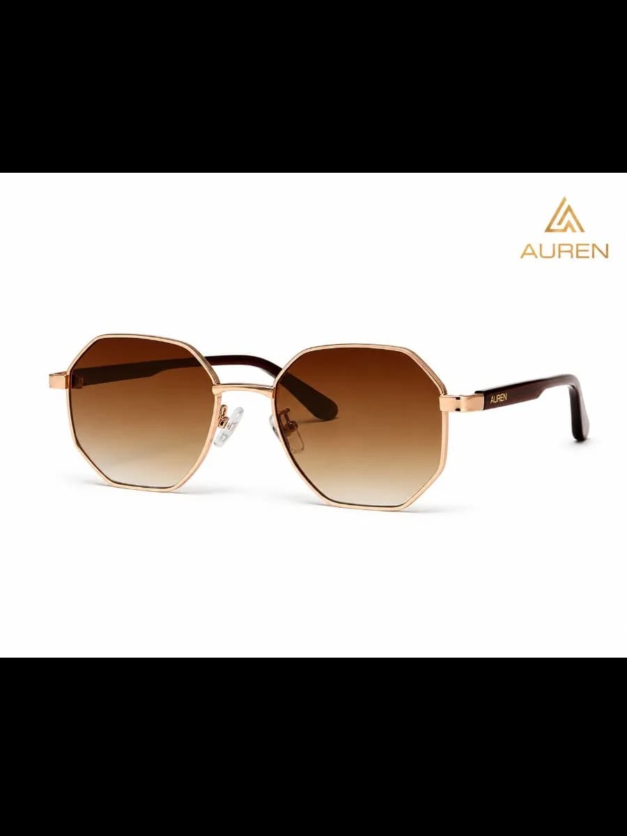 Óculos de sol hexagonal Hexagon Rosê, metal rose-gold com hastes tartaruga e lentes degrade marrom — Auren Eyewear