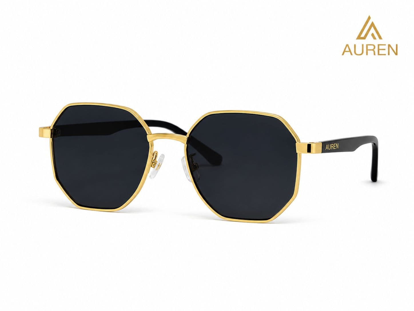 Óculos de sol octogonal Hexagon Noir, metal dourado com hastes pretas e lentes escuras — Auren Eyewear